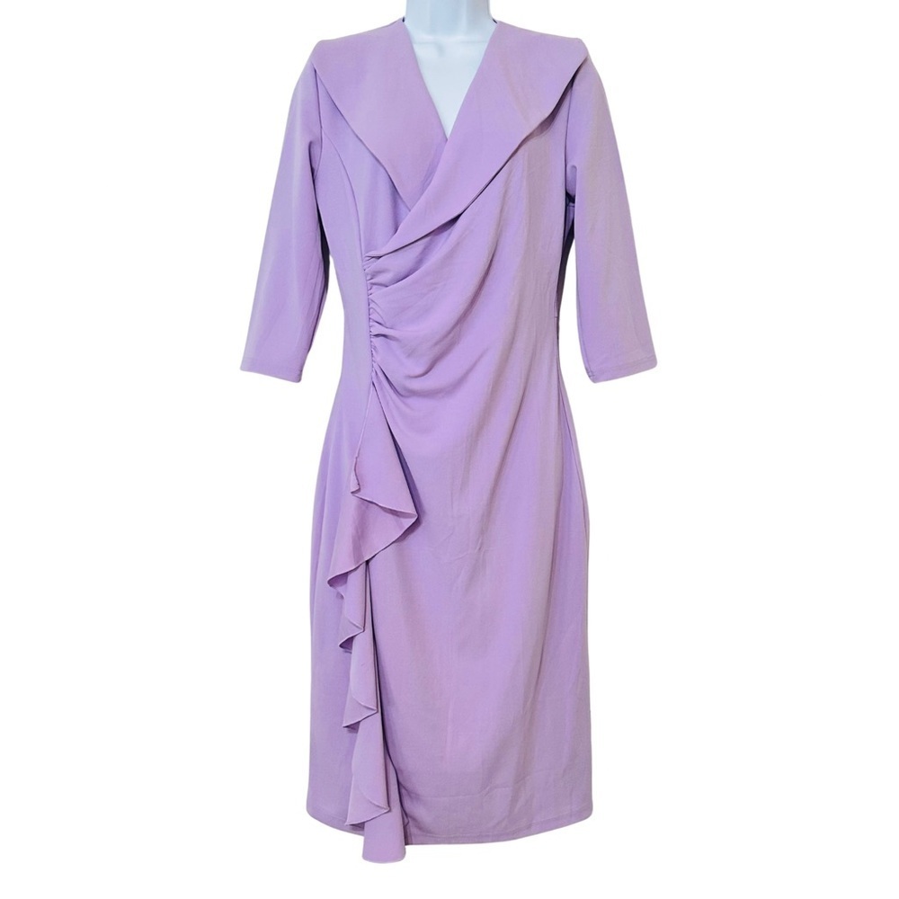 Lilac Ruched Ruffle Wrap Style Midi Dress 3/4 Sleeve Elegant Cocktail Party Sz L